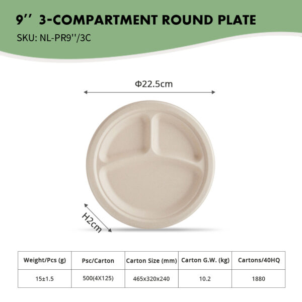 9" 3-Compartment Round Plate