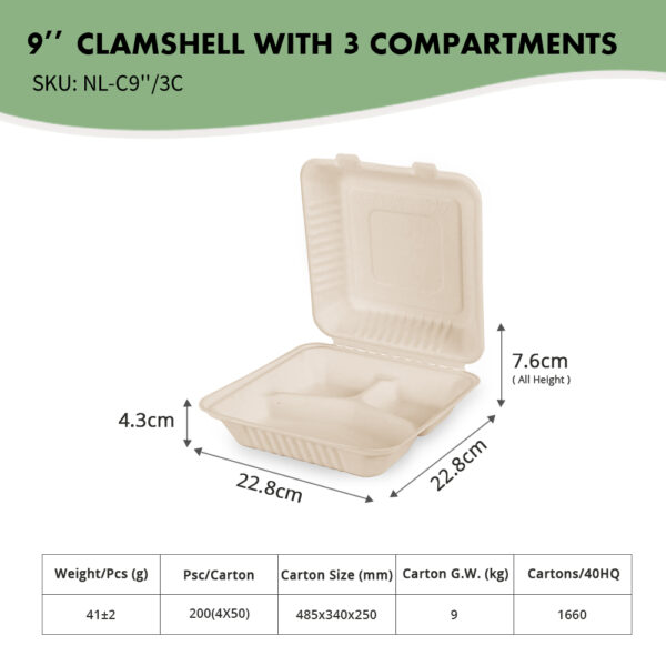 9" Clamshell with 3 Compartments