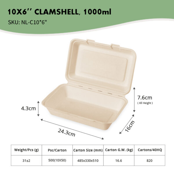 10x6" Clamshell, 1000ml