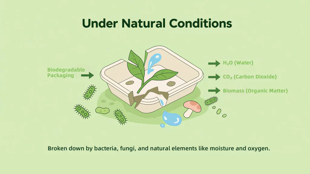 Illustration de la décomposition microbienne de la vaisselle biodégradable dans des conditions naturelles.