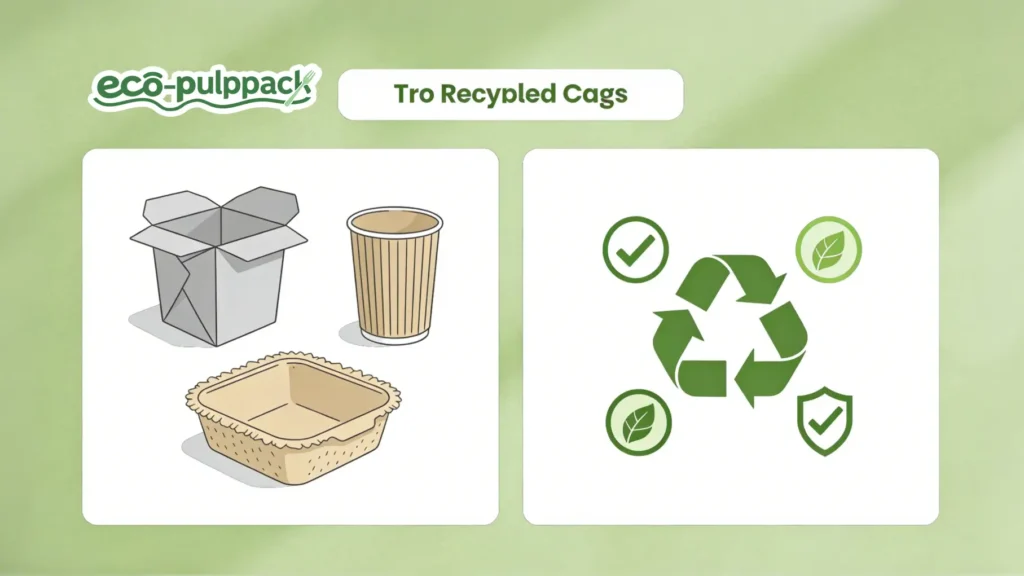 Illustration von Symbolen für die Zertifizierung von Recyclinganteilen und nachhaltigen Verpackungsmaterialien für einen Blog über die Einhaltung von Verpackungsvorschriften.
