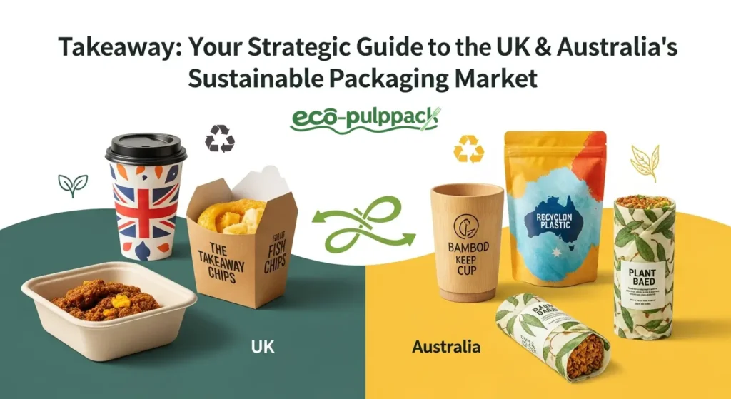A conceptual image showing the word “TAKEAWAY” as a golden key against a dark background, pointing towards outlines of the UK and Australia. Represents the article’s core theme: mastering this term is the key to unlocking the sustainable packaging market in these regions.