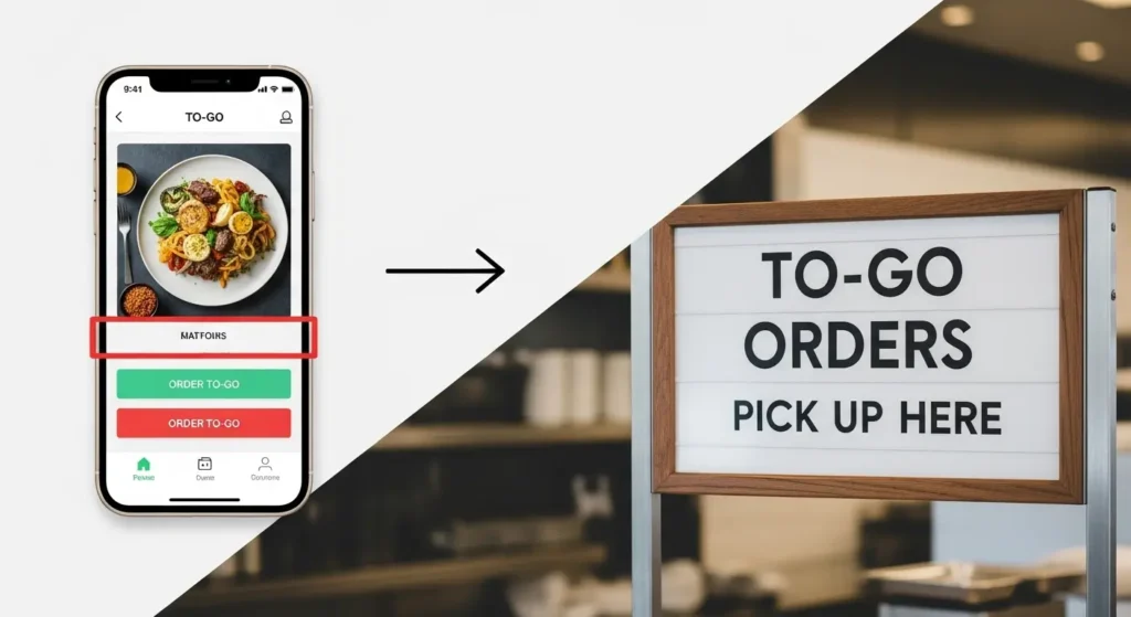 Image composite montrant le bouton “Order To-Go” sur une application mobile et un panneau “To-Go Pick Up Here” dans un magasin, mettant en évidence les principaux points d'interaction avec le client.