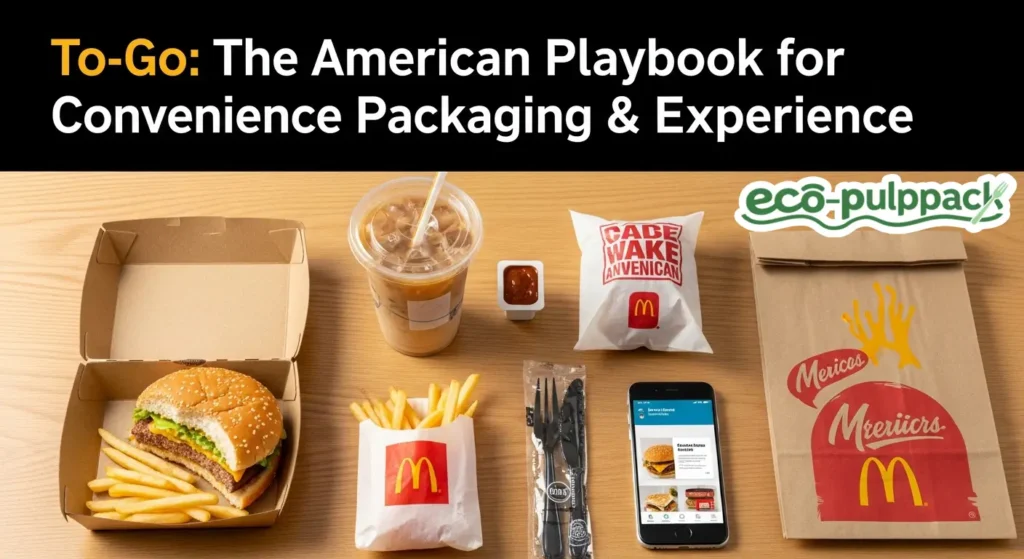 A dynamic graphic showing a coffee cup, takeout bag, and smartphone forming a circle against an urban backdrop, symbolizing the fast-paced, connected cycle of the American “To-Go” culture.