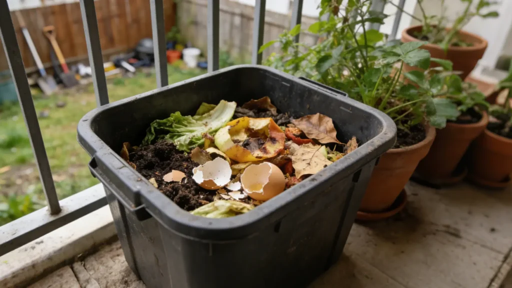 Home compost bin containing food waste under real household composting conditions