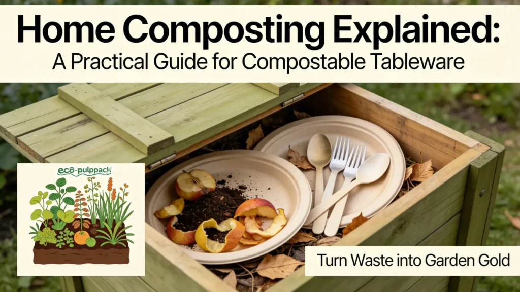 Sugarcane bagasse tableware placed in a home compost bin with food scraps