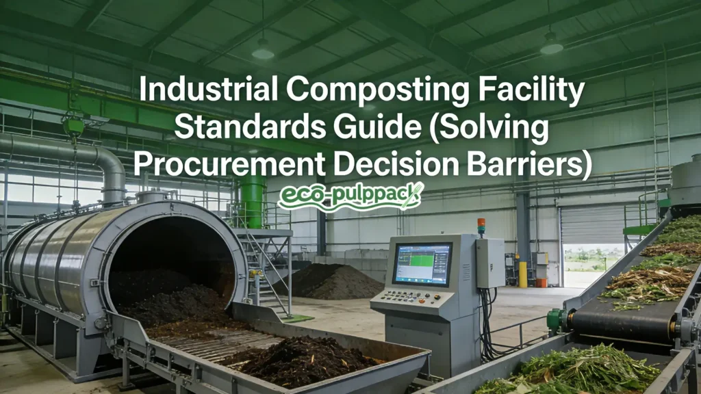 Industrial composting facility showing the process of compost material being prepared for composting. Key equipment like the rotating drum and monitoring system are visible in the facility.