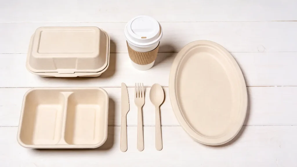 サトウキビバガスから作られたコンポスト可能な食器類（皿、容器、カトラリーなど